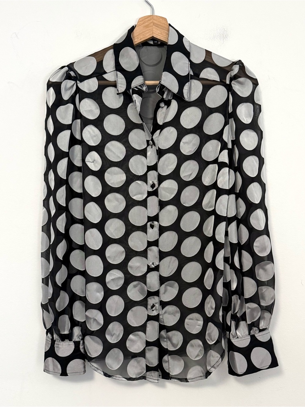 ABBEY GLASS Black Silver Polka Dot Sheer Button Down Blouse Size XS